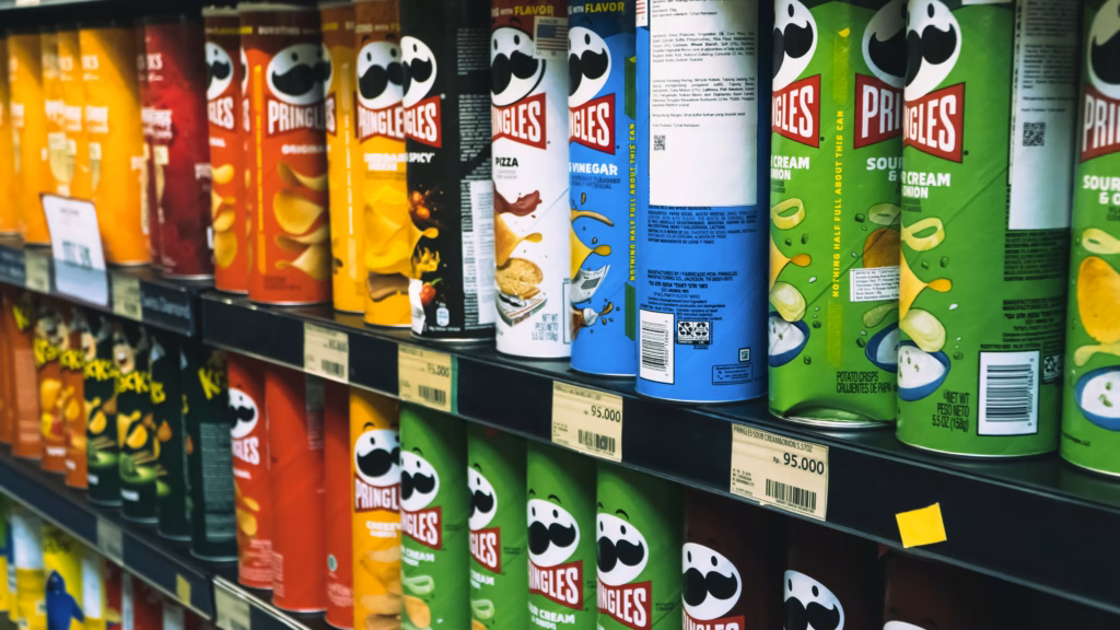 boxes of chips on grocery shelf